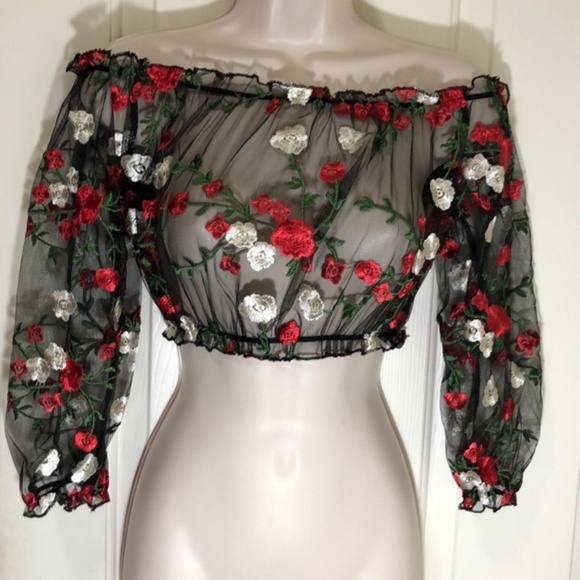 Black Floral Chiffon Sheer Top - Picture 3 of 3